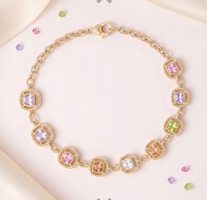 Color Crush 14K Gold Plated Multi Color Square CZ Stone Cushion Link Necklace