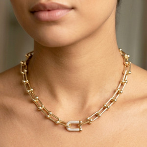 Heavy Hitter CZ Pave Accent Industrial Link Chunky Chain Necklace