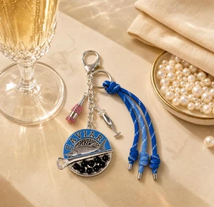 Toast & Trend Caviar Sardine Champagne Glass Charm Knotted Rope Drop Bag Charm Keychain