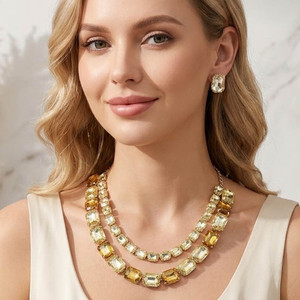 Luxe Illusions Emerald Cut Stone Cluster Link Double Layered Evening Necklace