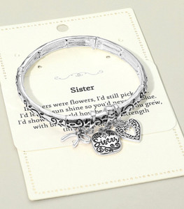 Heartfelt Sister Message Bow Heart Charm Bracelet Silver