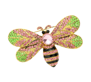 Sweet Nectar Rhinestone Bumble Bee Brooch - Pink Green