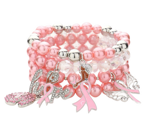 Vibrance Pink Ribbon Hope Charm Stretch Bracelet - Pink