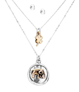 Trunked Elegance Metal Elephant Clover Layered Necklace - Gold/Silver Burnished