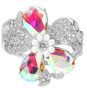 Glimmering Eclipse Glass Stone Pearl Hinge Bracelet - AB Rhodium