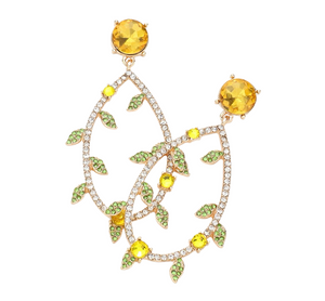 Starlight Vine Stone Paved Leaves Open Teardrop Earrings - Yellow