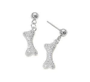 Glam Sparkle Stone Paved Dog Bone Earrings - Silver