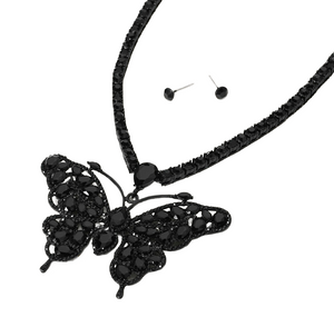 Flutter and Shine Rhinestone Butterfly Tennis Chain Necklace - Black