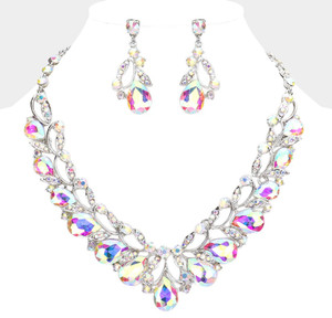 Opulent Essence Teardrop Accented Stone Embellished Necklace -  AB Rodium
