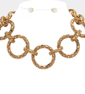 Celeste Circle Baguette Stone Embellished Bling O Ring Link Necklace - Gold
