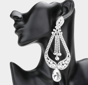 Midnight Gala Oversized Pave Glass Teardrop Chandelier Earrings - Silver