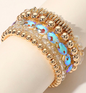 Refined Gleam 5 PCS Metal Ball Faceted Beaded Stretch Multi Layered Bracelet - Opal