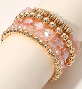 Refined Gleam 5 PCS Metal Ball Faceted Beaded Stretch Multi Layered Bracelet - Dust Pink