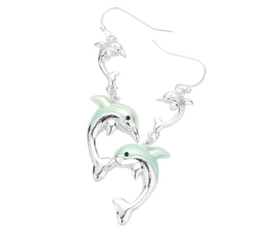 Ocean Harmony Double Dolphin Dropdown Earrings - Mint/Silver