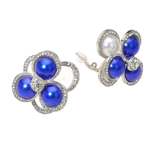 Blooming Pearl Cluster Flower Clip On Earrings - Royal Blue