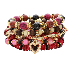 Lucky Spirit Metal Dolphin Elephant Heart Butterfly Charms Layered Stretch Bracelet - Red/Multi