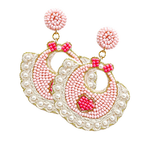 Sweet Pea Pearl Beaded Baby Bib Dangle Earrings - Pink