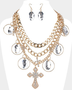 Sacred Faith Oval Faceted Stone Paved Cross Pendant Chunky Cuban Chain Layered Necklace - Gold