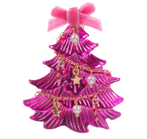 Radiant Holiday Festive Bow Top Christmas Tree Brooch - Pink