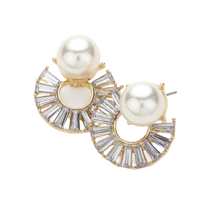 Abstract Radiance Pearl Pointed Glass Stone Embellished Earrings - Cream/Gold