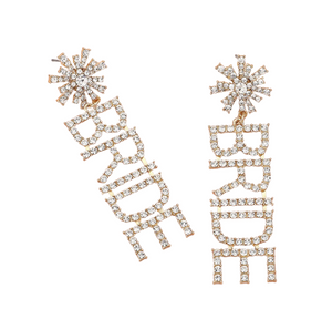Wedding Bliss Bride Rhinestone Message Earrings - Gold