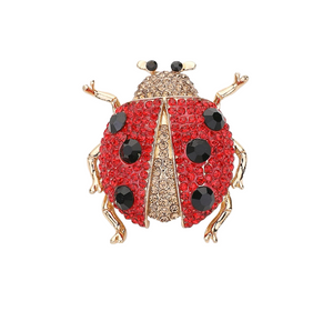 Lucky Lady Stone Embellished Ladybug Brooch - Red/Gold