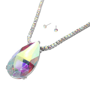 Bling Majesty Oversize Teardrop Glass Stone Bling Studded Chain Necklace - AB Silver