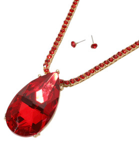 Bling Majesty Oversize Teardrop Glass Stone Bling Studded Chain Necklace - Red