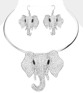 Lucky Harmony Rhinestone Pave Elephant Choker Necklace - Silver