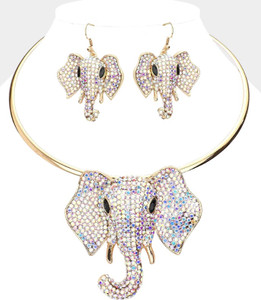Lucky Harmony Rhinestone Pave Elephant Choker Necklace - AB Gold