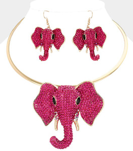 Lucky Harmony Rhinestone Pave Elephant Choker Necklace - Fuchsia