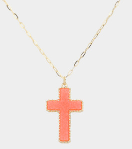 Heavenly Druzy Cross Pendant Necklace - Coral