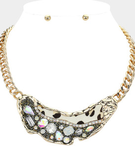 Wild Glam Animal Printed Fur Sparkly Stone Bib Necklace - AB/Gold