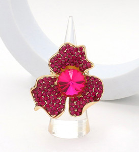 Petal Sparkle Round Stone Rhinestone Paved Flower Stretch Ring - Fuchsia