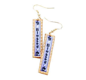 Faithful Flair "Blessed" Genuine Leather Bar Earrings - Blue