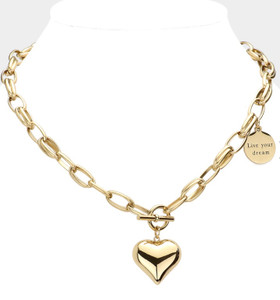 Heart Script Metal Heart Pendant Message Live Your Dream Toggle Necklace - Gold
