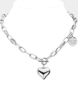 Heart Script Metal Heart Pendant Message Live Your Dream Toggle Necklace - Rhodium