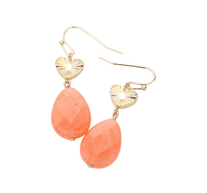 Heartful Natural Metal Heart Teardrop Stone Link Earrings - Peach