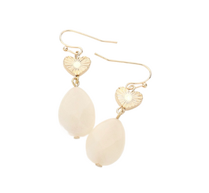 Heartful Natural Metal Heart Teardrop Stone Link Earrings - Cream