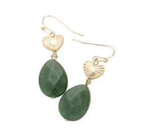Heartful Natural Metal Heart Teardrop Stone Link Earrings - Dark Green