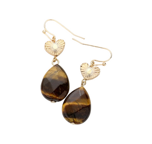 Heartful Natural Metal Heart Teardrop Stone Link Earrings - Dark Brown