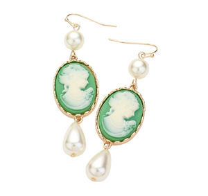 Victorian Grace Pearl Cameo Earrings - Green