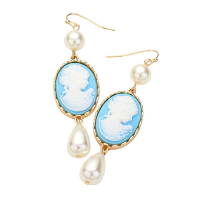 Victorian Grace Pearl Cameo Earrings - Light Blue