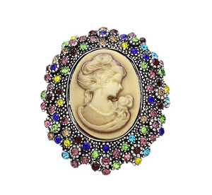 Victorian Sparkle Rhinestone Paved Embellished Cameo Brooch - Multi