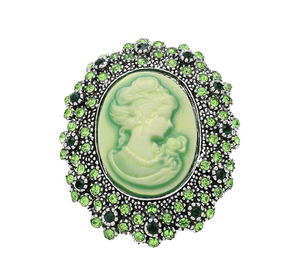 Victorian Sparkle Rhinestone Paved Embellished Cameo Brooch - Green