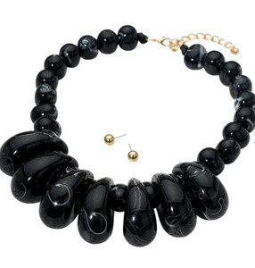 Opal Cascade Chunky Marbled Pebble Beaded Necklace - Black