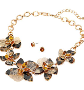 Petal Fusion Stone Accent Resin Metal Floral Link Necklace - Leopard/Gold