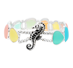 Seaside Glass Seahorse Metal Stretch Bracelet - Multi