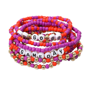 Cheer On 10 PCS Go Gameday Message Beaded Multi Layer Stretch Bracelets -  Orange/Purple
