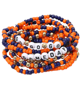 Cheer On 10 PCS Go Gameday Message Beaded Multi Layer Stretch Bracelets - Navy/Orange
